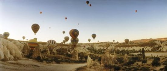 Hot air balloons over landscape at sunrise Cappadocia Central Anatolia Region Turkey Canvas Art - Panoramic Images (30 x 13)
