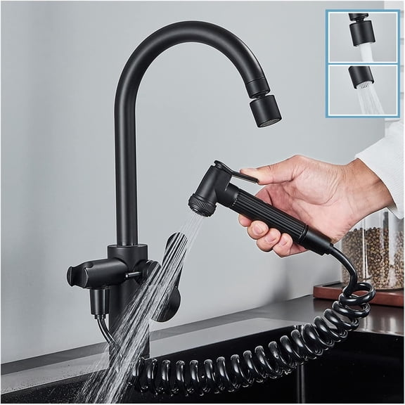 Hot and Cold Water Kitchen Faucet with Bidet Faucet, Pull Out Dual Functions Sprayer, 360 Degree Rotate Single Handle Kitchen Mixer Tap