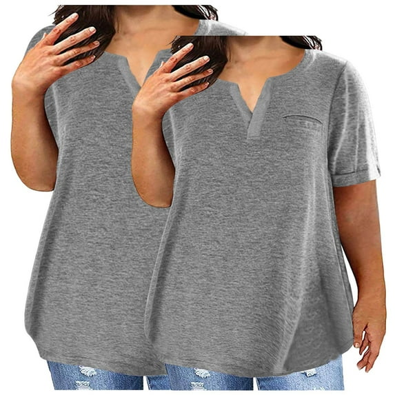 Hot days, bold styles. Olyvenn 2 Pack Plus Size Tops for Women Dressy Blouse Notch V Neck Oversized T Shirts Summer Casual Short Sleeve Tshirt with Pockets Gray XXL