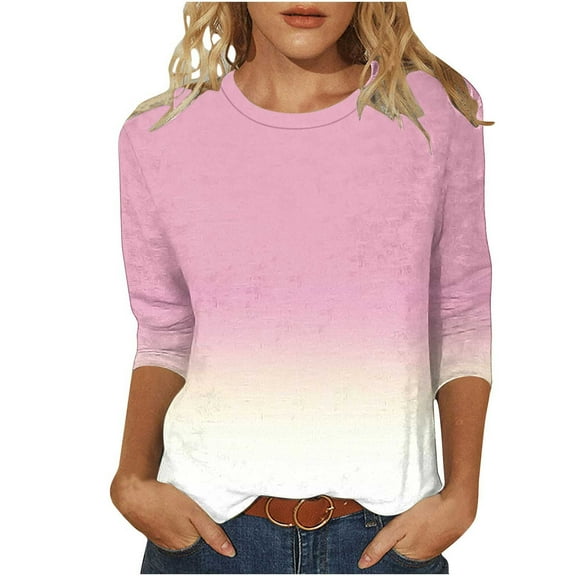 Hot days, bold styles Olyvenn 3/4 Length Sleeve Womens Tops Casual Summer Spring Vacation Trendy T Shirt Crewneck Gradient Printed Three Quarter Tunic Blouse Pink XL