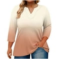 thumbnail image 1 of Hot days, bold styles Olyvenn 3/4 Length Sleeve Womens Tops Plus Size Summer Notched V-Neck Oversized Tshirts Gradient Color Blouses Oversized Tops Beige XXXXXL, 1 of 5