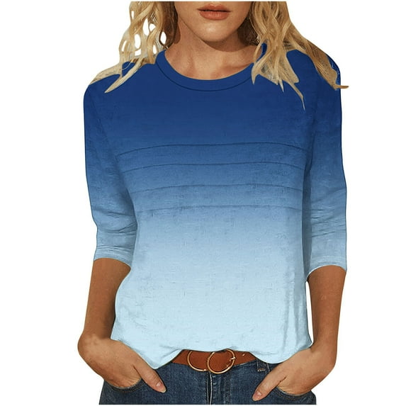 Hot days, bold styles Olyvenn 3/4 Length Sleeve Womens Tops Summer 2025 T-Shirts Gradient Print Crew Neck Casual Basic Tee Fit Tunic Tops Blouse Dark Blue XXL