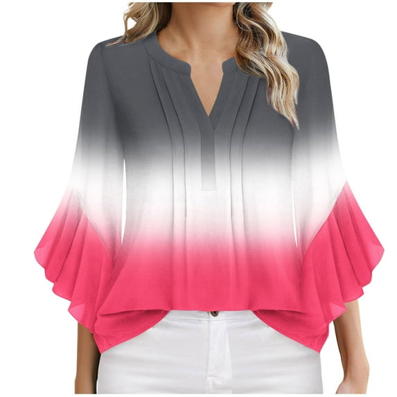 Hot days, bold styles Olyvenn 3/4 Length Sleeve Womens Tops V Neck Spring Shirts 2025 Flared Sleeve Dressy Casual Gradient Color Blouses Cute Tee Shirt Hot Pink S
