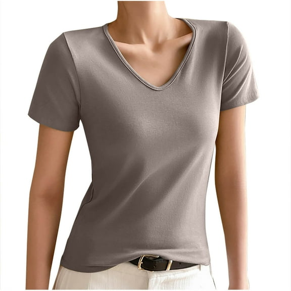 Hot days, bold styles. Olyvenn Basic Womens V Neck Short Sleeve T Shirt Slim Fit Tees 2025 Summer Y2k Going Out Fitted Tops Sexy Tight Shirts Gray M