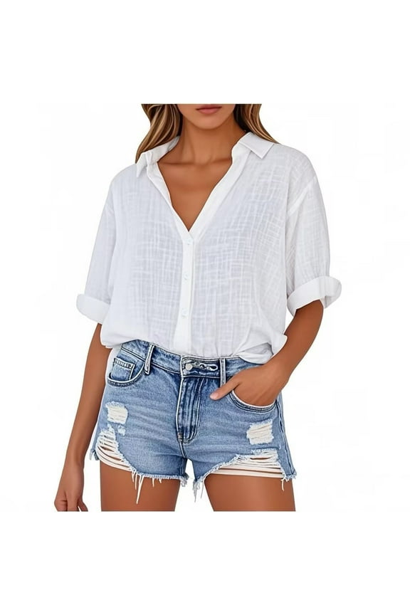 Hot days, bold styles Olyvenn Cotton Linen V Neck Shirts for Women Summer Short Sleeve Button Down Blouses Casual Loose Lightweight Tunic Tops 2025 White S