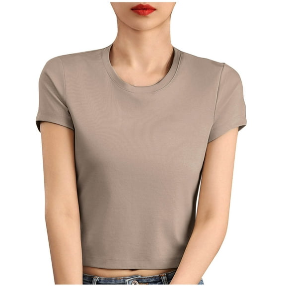 Hot days, bold styles Olyvenn Crop Tops for Women Short Sleeve Crewneck T-Shirts 2025 Summer Rolled Sleeve Crop Tops Casual Basic Tees Khaki M