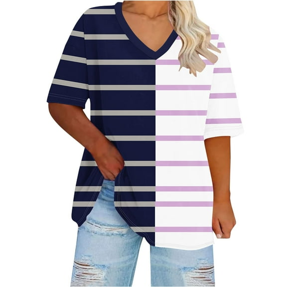 Hot days, bold styles Olyvenn Fashion Striped Shirts for Women Plus Size Summer Tops Casual V Neck Blouses Oversized Shirt Color Block Graphic Tees Navy XL