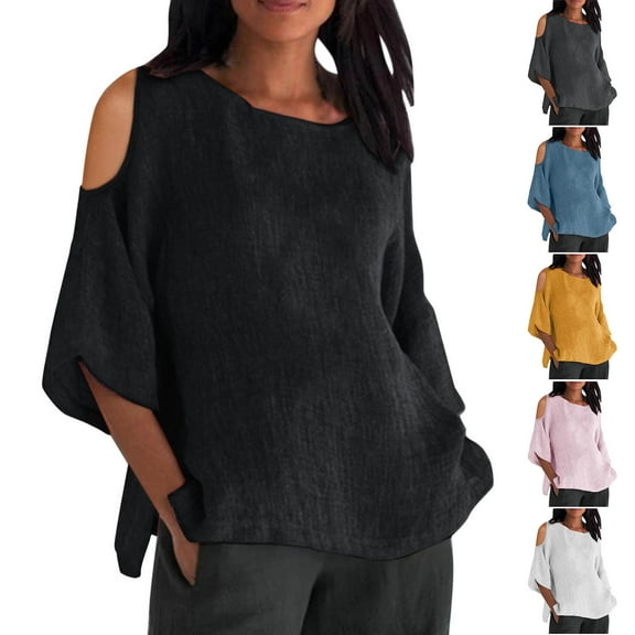 Hot days, bold styles Olyvenn Linen Shirt for Women Cold Shoulder Crew Neck 3/4 Sleeve Tunic Blouses Casual Loose Fall T-Shirt Tops for Ladies Summer Black L