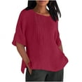 thumbnail image 1 of Hot days, bold styles Olyvenn Linen Shirts for Women 2025 Basic Plus Size 3/4 Sleeve Tops Summer Casual Round Neck Pullover Blouse Ladies Tunic Tshirt Wine S, 1 of 4