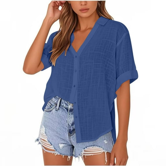 Hot days, bold styles Olyvenn Plus Size Short Sleeve Button Down Shirts for Women Collared Cotton Linen Summer Tops Casual Blouses Blue XXL