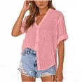thumbnail image 1 of Hot days, bold styles Olyvenn Plus Size Short Sleeve Button Down Shirts for Women Collared Cotton Linen Summer Tops Casual Blouses Pink L, 1 of 7