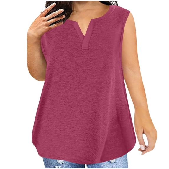 Hot days, bold styles Olyvenn Plus Size Tops for Women Dressy Casual V Neck Sleeveless Summer Tank Shirts Loose Fit Oversized Basic Tee Shirts Wine L