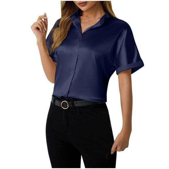 Hot days, bold styles Olyvenn Satin Blouses for Women Button Down Silk Shirts Batwing Sleeve Top Elegant Summer Office Work Shirt Dark Blue S