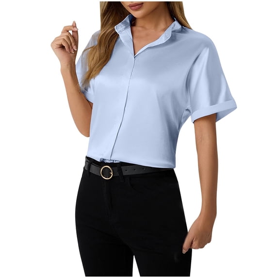 Hot days, bold styles Olyvenn Satin Blouses for Women Button Down Silk Shirts Batwing Sleeve Top Elegant Summer Office Work Shirt Light Blue L