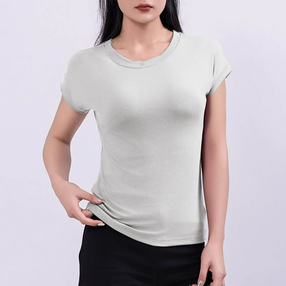 Hot days, bold styles Olyvenn Short Sleeve Fitted Basic T Shirts for Women, Soft Crew Neck Basic Slim Tee Cute Trendy Summer Tops Tight Tees Gray L