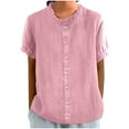 thumbnail image 1 of Hot days, bold styles Olyvenn Short Sleeve Linen Shirts Women's Cotton Linen Button Ruffled Shirts 2025 Summer Loose Stand Collar Casual Boho Tops Pink S, 1 of 6