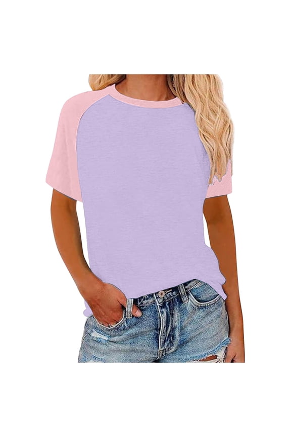 Short Sleeve Tops for Women Casual Contrast Regular Summer Tee Plus Size Trendy Stretch Comfy Shirts Blouses Purple XL