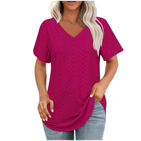 Hot days, bold styles Olyvenn Short Sleeve Tops for Women Eyelet Solid Color Dressy V Neck Blouse Casual Loose Fashion Shirts Pullover Tunics Hot Pink S