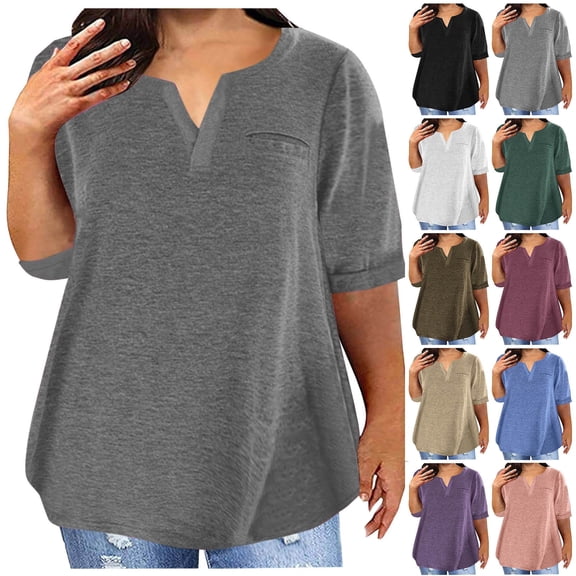 Hot days, bold styles. Olyvenn Summer Cotton Plus Size Tops for Women Trendy Short Sleeve V Neck Loose Blouse Workout Basic Comfy T Shirts Tees Coffee L