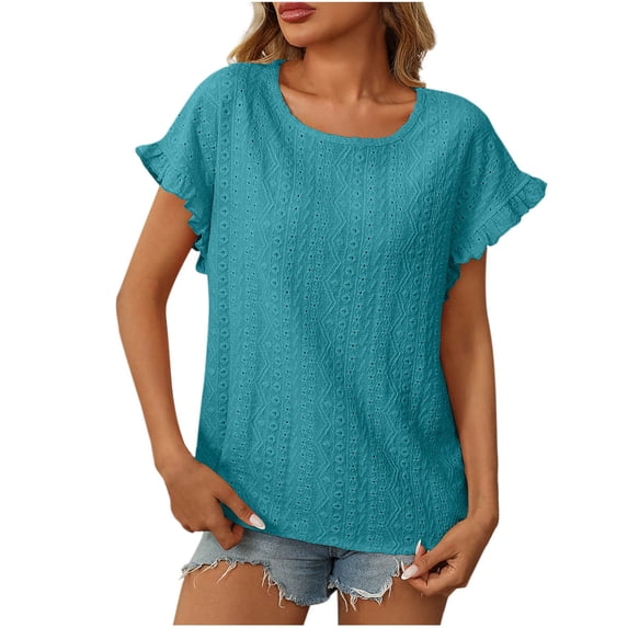 Hot days, bold styles. Olyvenn Summer Tops for Women Dressy Casual Ruffle Short Sleeve Eyelet Embroidery T Shirts Loose Fit Crewneck Pullover Blouses Blue L