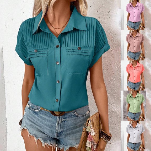 Hot days, bold styles Olyvenn Summer Tops for Womens 2025 Button Down Shirts Casual Loose Short Sleeve Dress T-Shirt Textured Collared Work Blouse Blue S