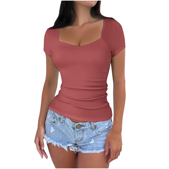 Hot days, bold styles Olyvenn Tshirts Shirts for Women Double Lined Going Out Crop Tops 2025 Summer Fall Workout Y2k Clothes Beach Fashion Wine L