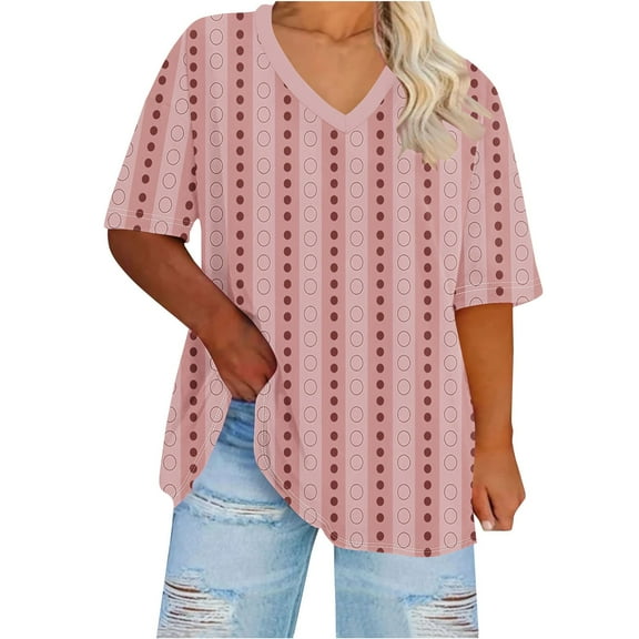 Hot days, bold styles Olyvenn Vintage Tees for Women Short Sleeve Oversized Striped Shirts Casual V Neck Blouses Loose Fit Pullover Tee Tunic Tops Pink XL