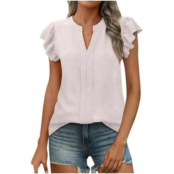 Hot days, bold styles Olyvenn Women Dressy Casual Blouse Ruffle Short Sleeve V Neck Textured Shirts 2025 Summer Business Work Tops Beige S