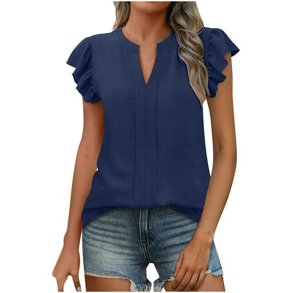 Hot days, bold styles Olyvenn Women Dressy Casual Blouse Ruffle Short Sleeve V Neck Textured Shirts 2025 Summer Business Work Tops Navy S