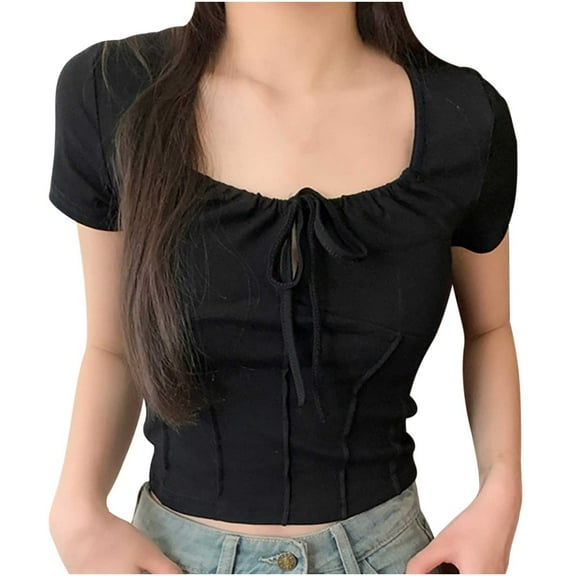 Hot days, bold styles Olyvenn Women Summer Bow Tie Shirts Cute Ruched Short Sleeved T-Shirt Coquette Slim Fit Y2K Baby Crop Tees Top Streetwear Black M