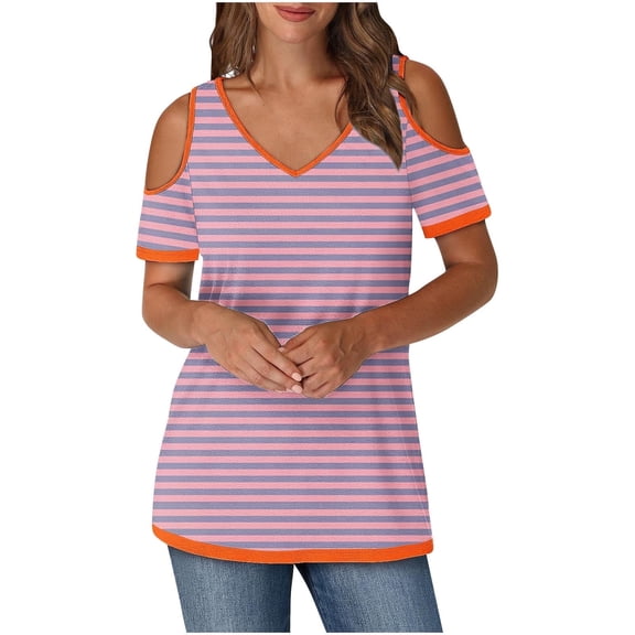Hot days, bold styles. Olyvenn Women V Neck Cold Shoulder Tops V Neck Striped Short Sleeve T Shirts Loose Tops Sexy Casual Blouse 2025 Trendy Tshirt Pink XL
