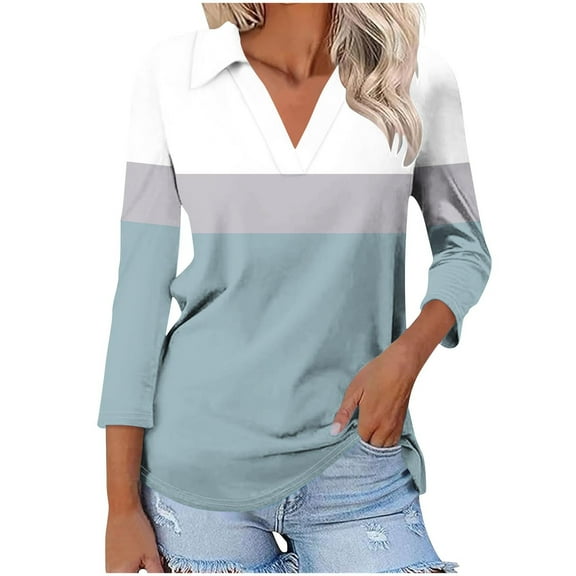 Hot days, bold styles. Olyvenn Women's 3/4 Sleeves V Neck Button Collared Shirts 2025 Basic Collar Cute Tees Dressy Casual Color Block Tops Blouses Work Shirt Light Blue 20-22