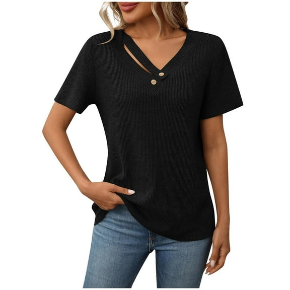 Hot days, bold styles Olyvenn Women's Button V Neck Short Sleeve T Shirt Ribbed Knit Casual Solid Color Henley Shirt Loose Fit Low Cut Tops Black M