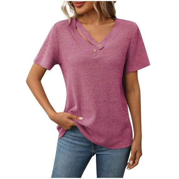 Hot days, bold styles Olyvenn Women's Button V Neck Short Sleeve T Shirt Ribbed Knit Casual Solid Color Henley Shirt Loose Fit Low Cut Tops Hot Pink M