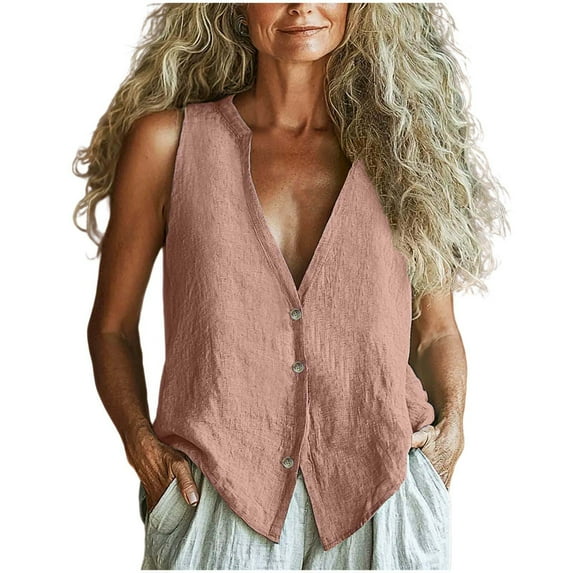 Hot days, bold styles Olyvenn Women's Casual Summer Tank Tops Cotton Linen Button V-Neck Blouse Sleeveless Casual Loose Shirts Tunics Pink M