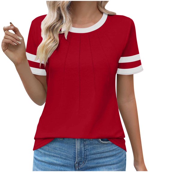 Hot days, bold styles Olyvenn Women's Fashion Casual Crewneck Color Block T Shirts Short Sleeve Summer Tops Tees Slim Fit 2025 Trendy Tops Red L