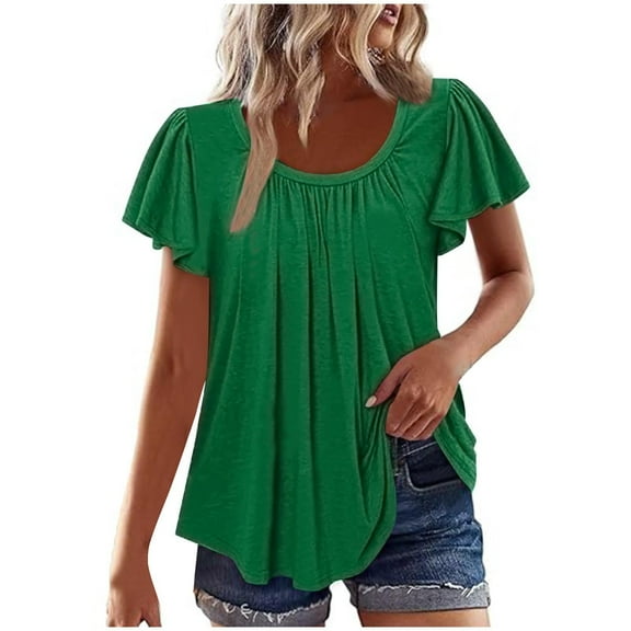 Hot days, bold styles Olyvenn Women’s Shirts Dressy Casual Ruffled Short Sleeve Blouses Loose Fit Pleated Front Tees Summer Tunic Tops Green XXL