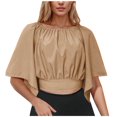 thumbnail image 1 of Hot days, bold styles Olyvenn Women's Short Bell Sleeve Tie Back Solid Crop Blouse Shirt Crop Tops Workout Tops Summer Fashion Basic Tees Khaki L, 1 of 1