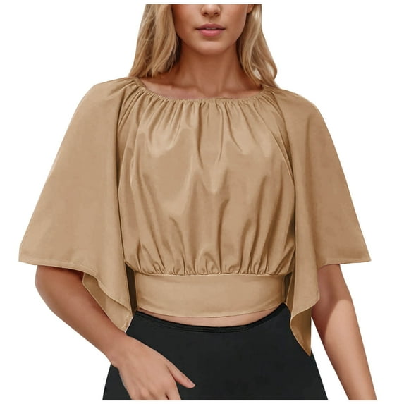 Hot days, bold styles Olyvenn Women's Short Bell Sleeve Tie Back Solid Crop Blouse Shirt Crop Tops Workout Tops Summer Fashion Basic Tees Khaki L