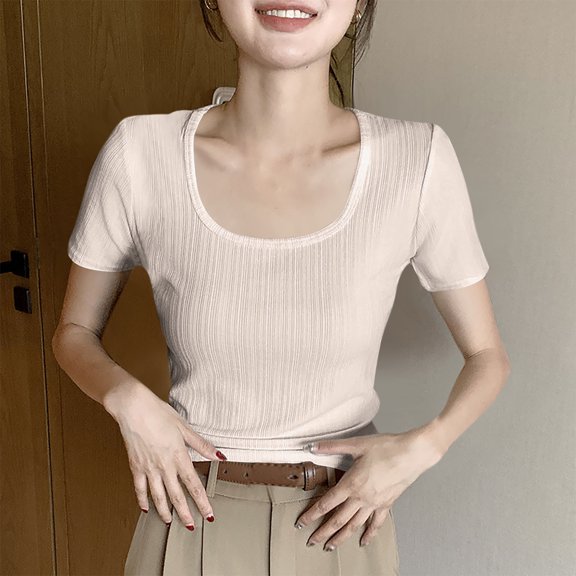 Hot days, bold styles Olyvenn Women's Short Sleeve Scoop Neck T-Shirt Slim Fit Ribbed Knit Casual Tops 2025 Summer Basic Fitted Blouse Beige L