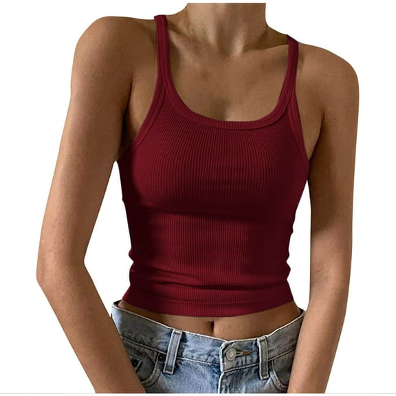 Hot days, bold styles Olyvenn Women's Sleeveless Crop Tank Top Summer Fashion Slim Fit Scoop Neck Ribbed Knit Basic Crop Cami Shirts Tops Wine L
