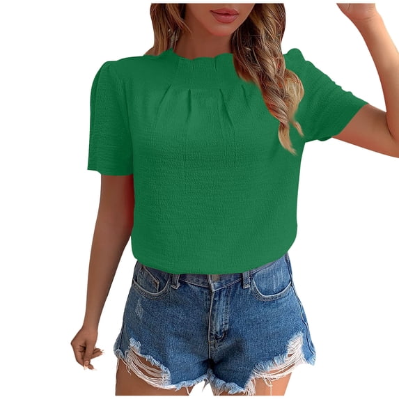 Hot days, bold styles Olyvenn Women's Summer Boho Shirt Top Ruffle Short Sleeve Frill Trim Mock Neck Floral Solid 2025 Casual Blouses Shirts Tops Green M