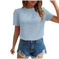 thumbnail image 1 of Hot days, bold styles Olyvenn Women's Summer Boho Shirt Top Ruffle Short Sleeve Frill Trim Mock Neck Floral Solid 2025 Casual Blouses Shirts Tops Sky Blue M, 1 of 7