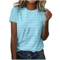 thumbnail image 1 of Hot days, bold styles. Olyvenn Women's T Shirts Vintage Bohemain Striped Vintage Fashion Casual Crew Neck Short Sleeve Lightweight Blouses Tops Light Blue M, 1 of 4