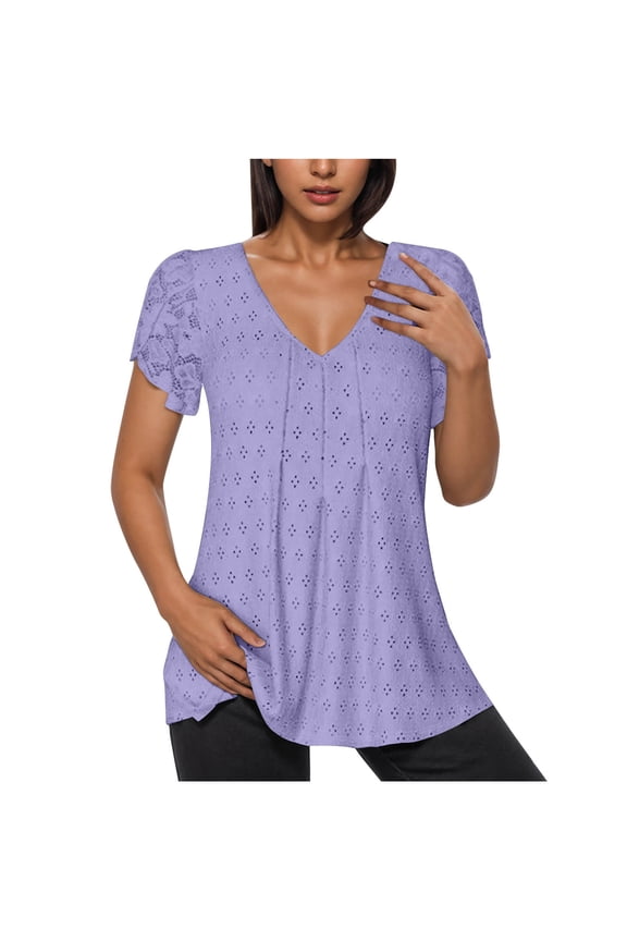 Hot days, bold styles Olyvenn Women's V Neck Lace Patchwork Eyelet Tops Short Sleeve Casual Shirts Blouses Spring Summer Clothes 2025 Purple M