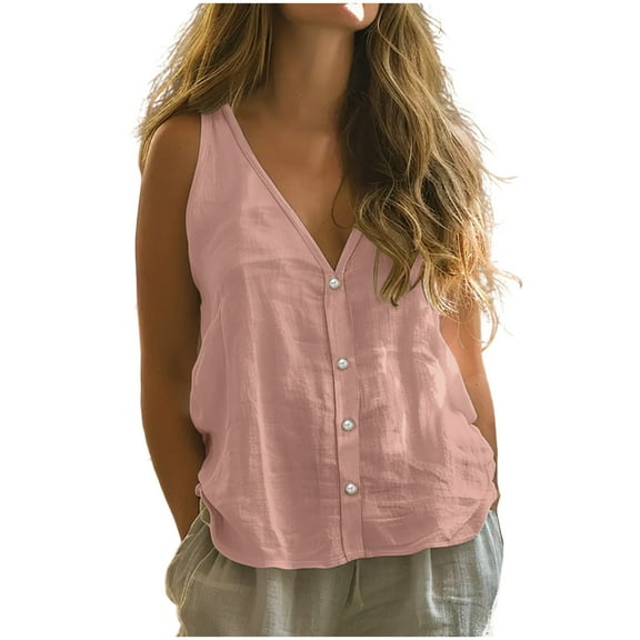 Hot days, bold styles Olyvenn Womens Button Down Tank Tops V Neck Cotton Linen Sleeveless Shirts 2025 Summer Beach Casual Tank Top Pink L