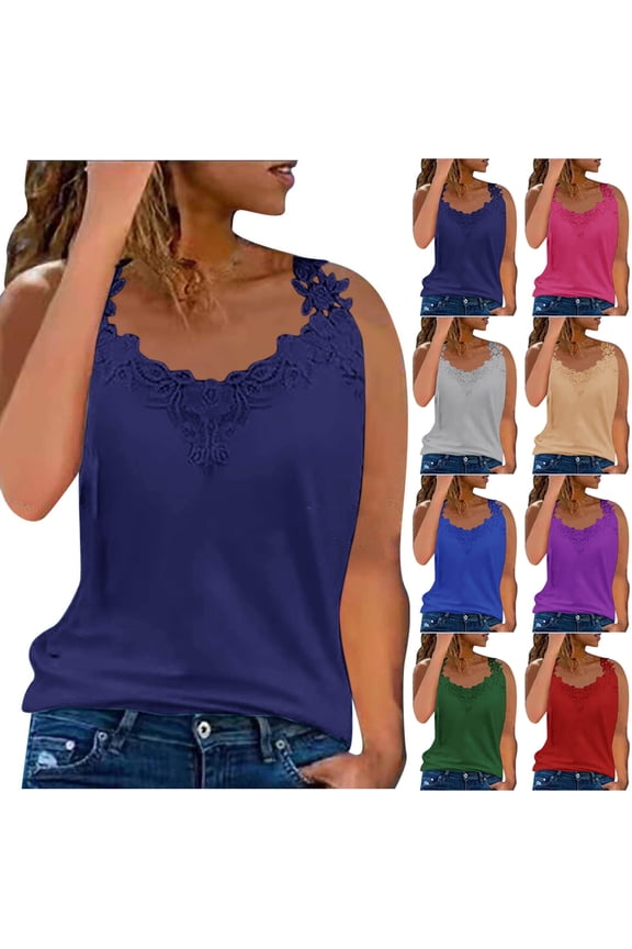 Hot days, bold styles Olyvenn Womens Camisole Tank Tops Women's Soft Blouse Sleeveless Camisole with V-Neck Floral Lace Trim and Wide Straps Shirts Blue L