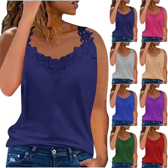 Hot days, bold styles Olyvenn Womens Camisole Tank Tops Women's Soft Blouse Sleeveless Camisole with V-Neck Floral Lace Trim and Wide Straps Shirts Blue L