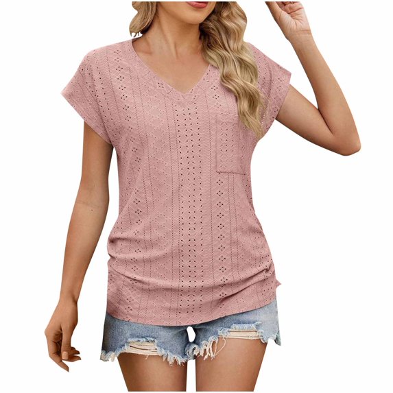 Hot days, bold styles. Olyvenn Womens Cap Sleeve T Shirts V Neck Basic Tees Tops with Pocket Fashion Trendy Casual Summer Outfits Clothes 2025 Watermelon Red S