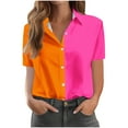 thumbnail image 1 of Hot days, bold styles Olyvenn Womens Color Block Button Down Shirt Short Sleeve V-Neck Lapel Print Blouses Fashion Summer Casual Tops Orange L, 1 of 4